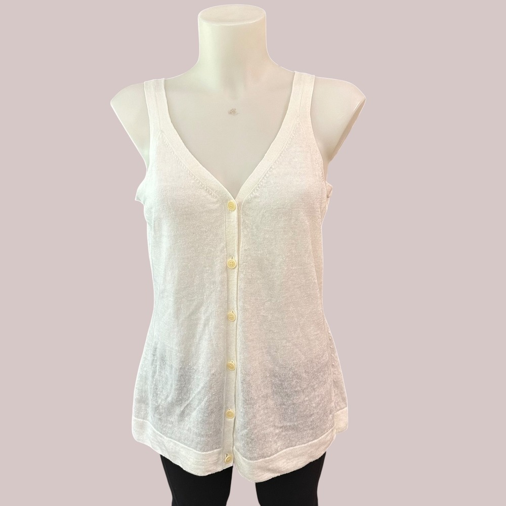 Lafayette 148 New York Cream V Neck Buttondown Linen Knit Tank Top sz M